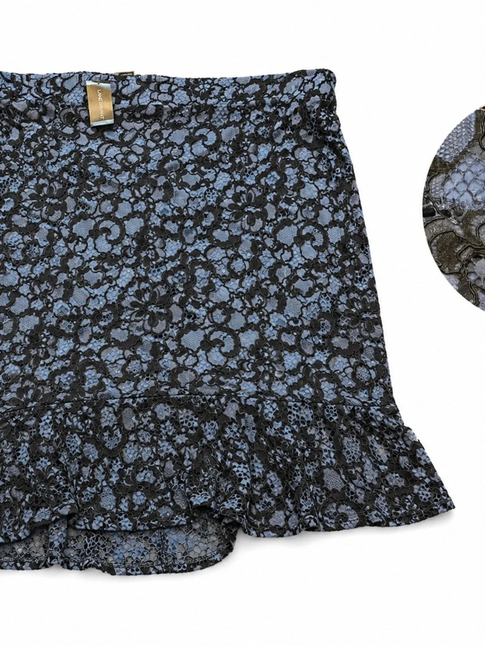 Lane Bryant NWT Blue Black Lace Ruffle Hem Skirt Size 26